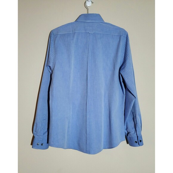 Express Mens Fitted Cotton Herringbone Shirt M Blue Button-Down Roll-Up Sleeve - Picture 5 of 8